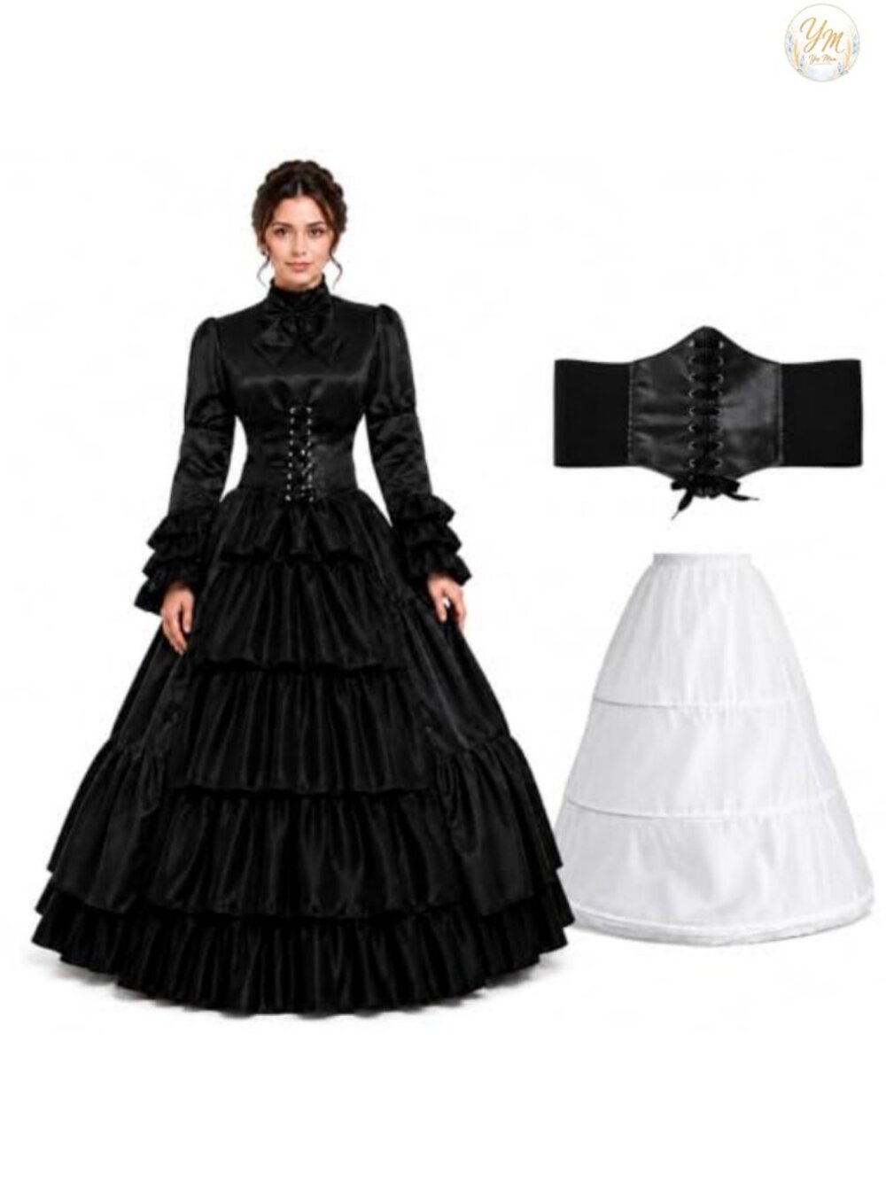 Women's Victorian Gothic Rococo Costume Dress with Hoop Skirt